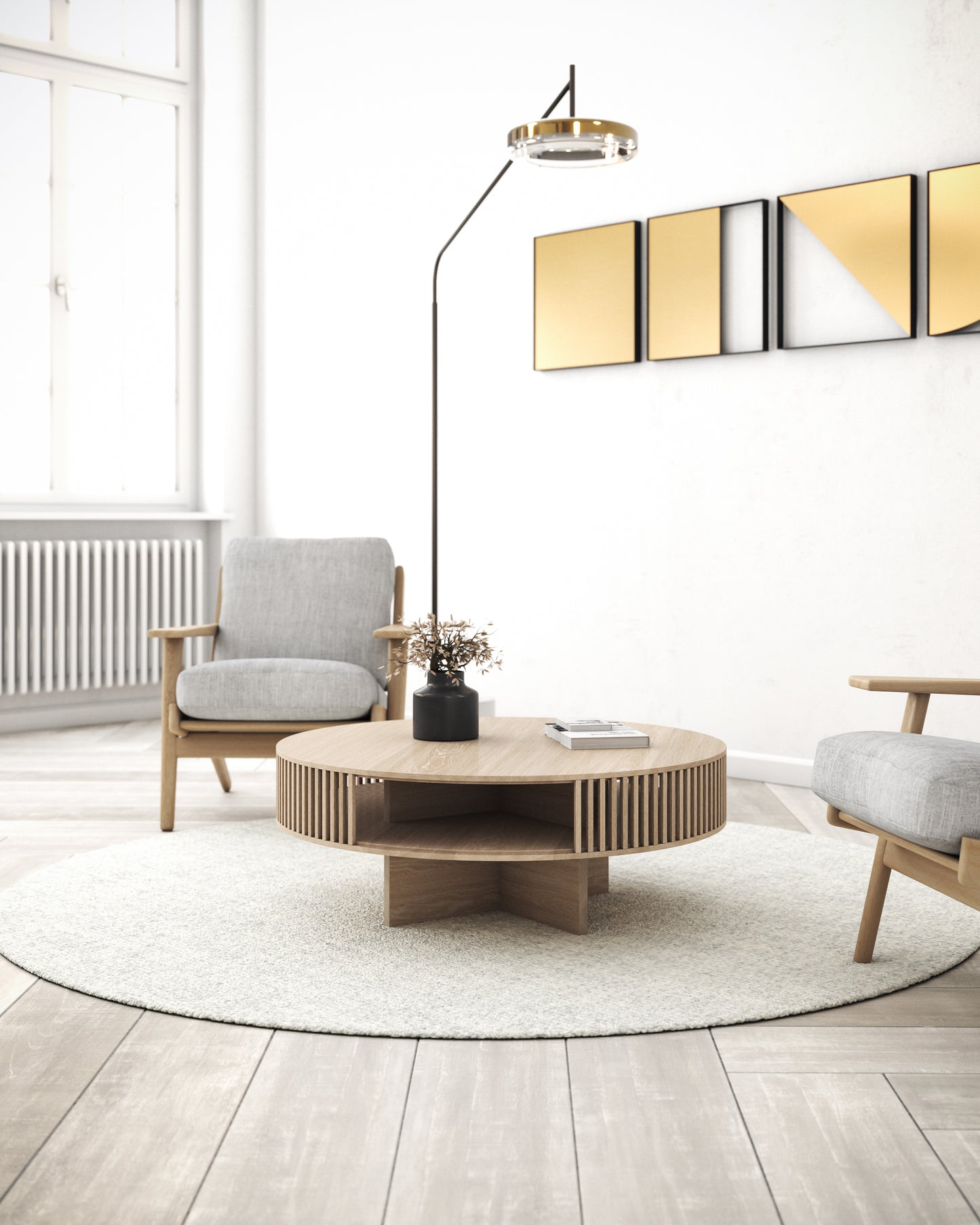 Japandi-Stil Couchtisch rund mit Stauraum