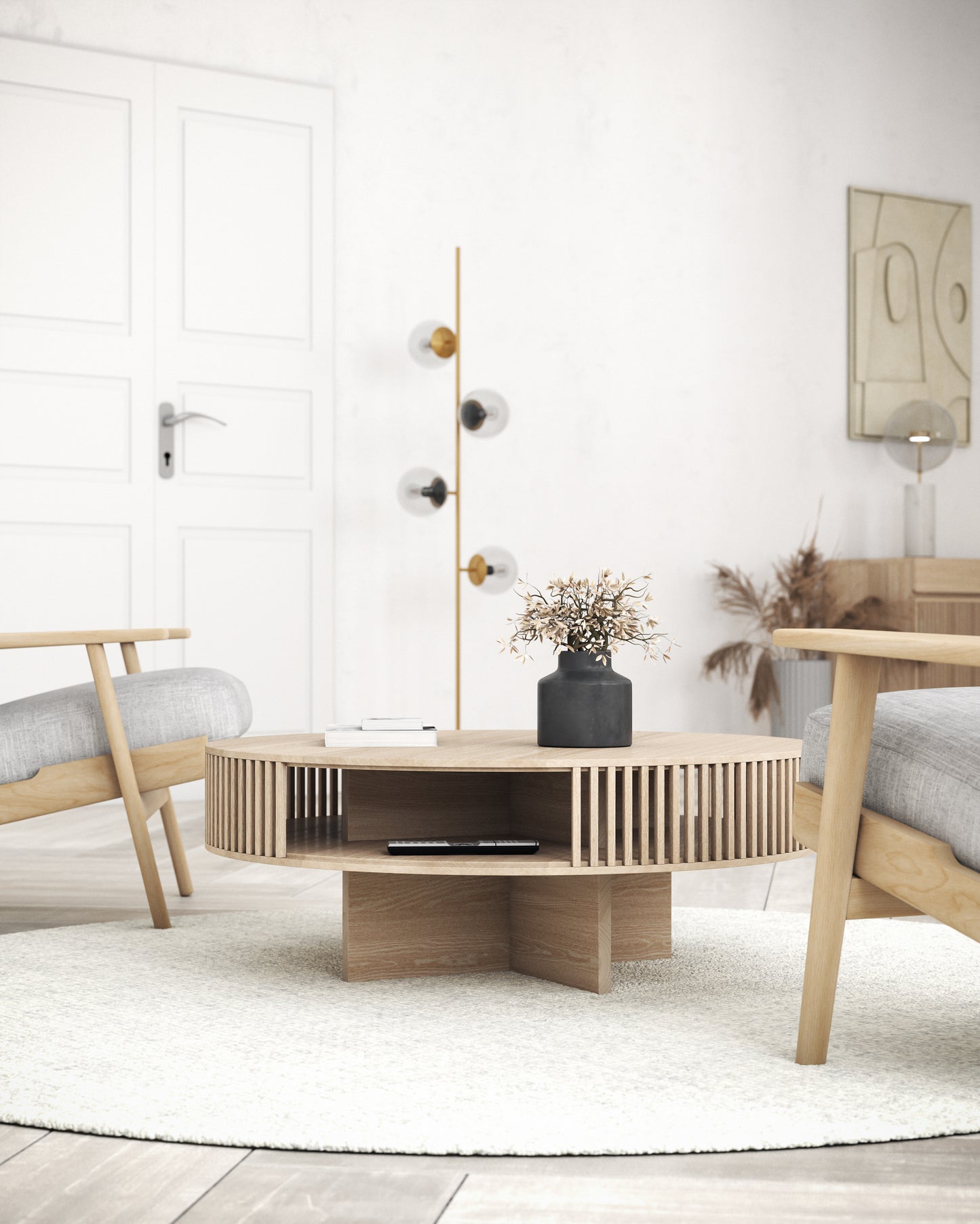 Japandi-Stil Couchtisch rund mit Stauraum