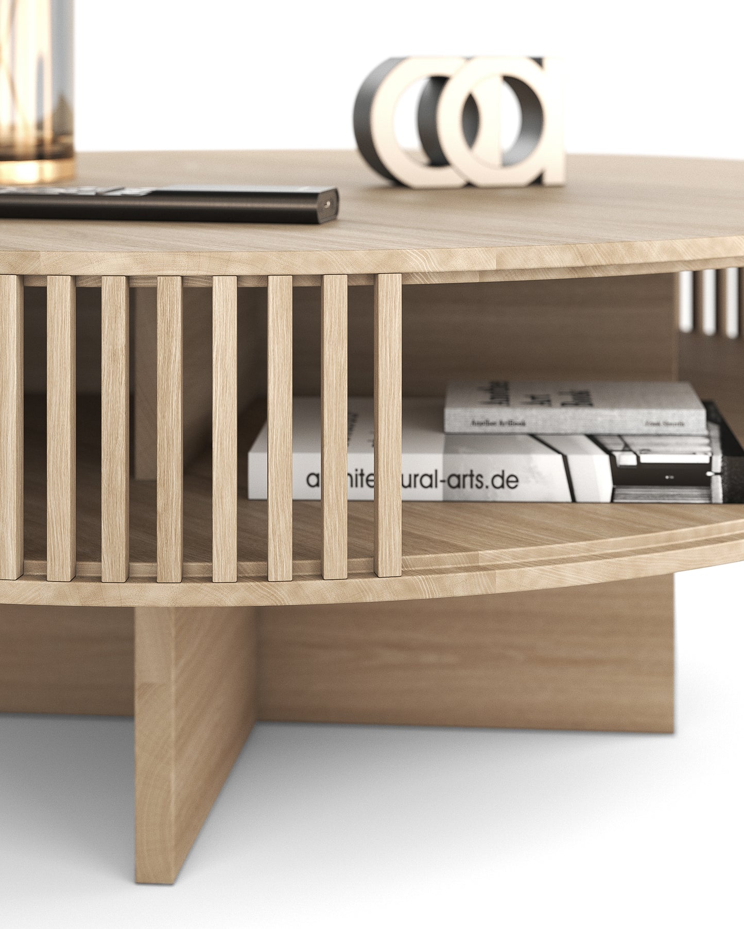 Japandi-Stil Couchtisch rund mit Stauraum