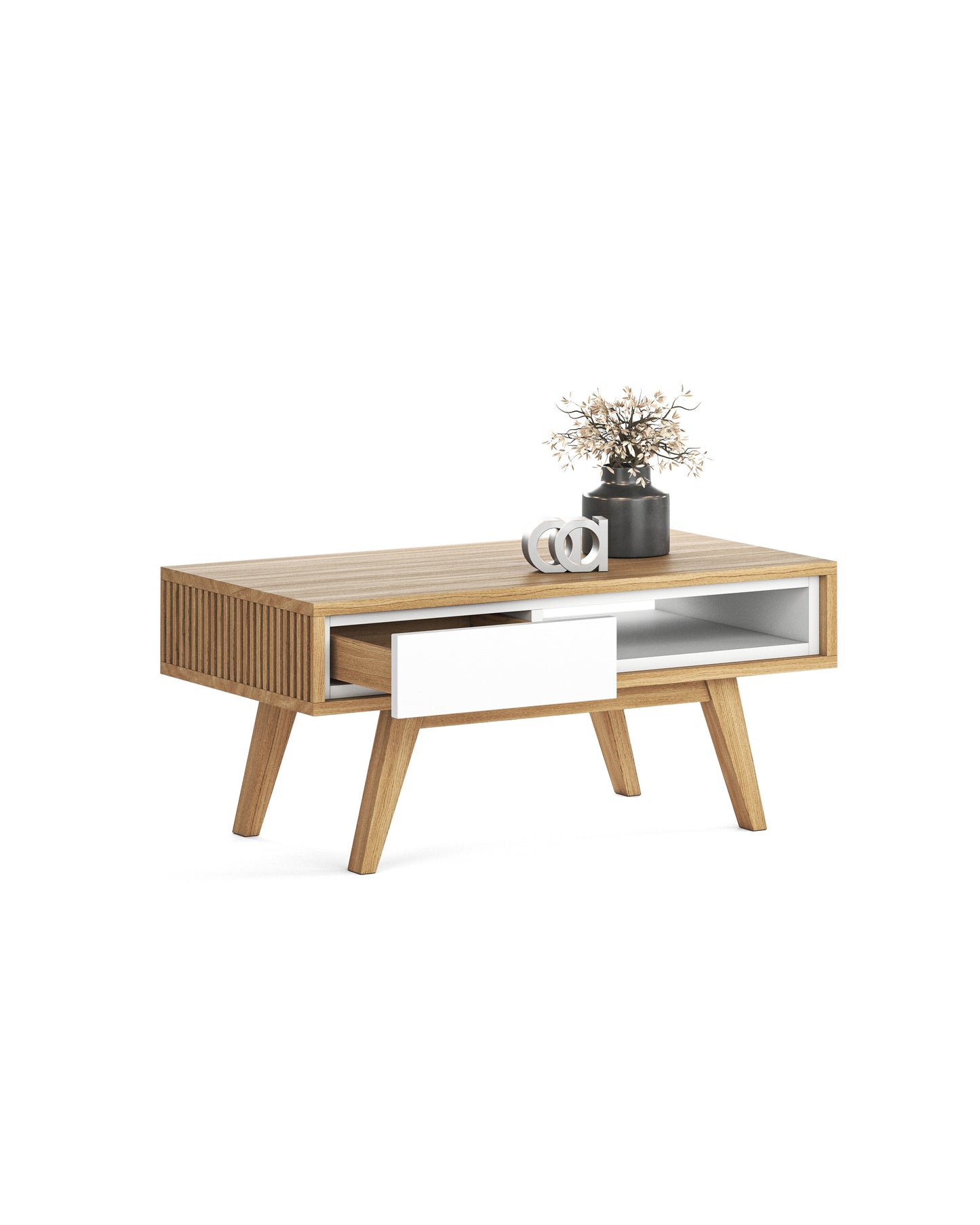 Couchtisch in Eiche weiß:Organisation trifft Design:Dieser Couchtisch mit eingebautem Schubfach und offenem Fach bietet nicht nur eine stilvolle Ergänzung zu Ihrem Wohnzimmer, sondern auch praktischen Stauraum, um Ordnung zu schaffen. So haben Sie wichtige Dinge immer griffbereit und können Ihre Wohnfläche optimal nutzen.