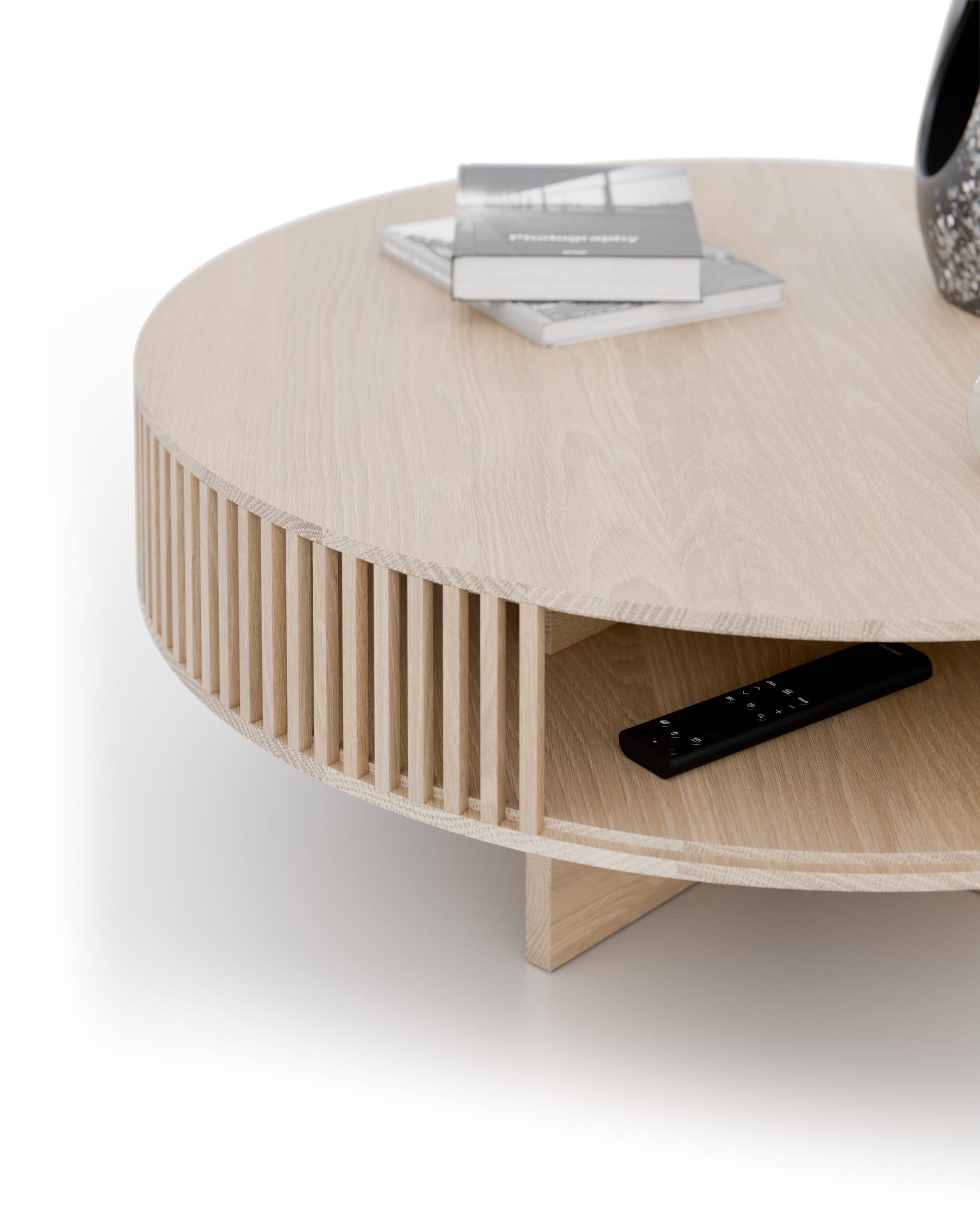 japandi-stil couchtisch rund mit stauraum